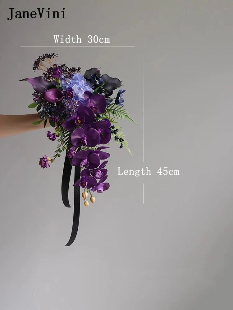 JaneVini Forest Style Retro Purple Wedding Bouquet Waterfall Black Bride Bouquet Artificial Calla Lily Fake Bridal Flowers Ramos