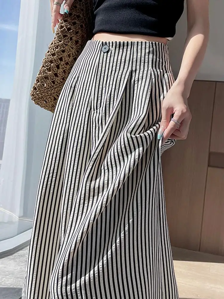 Laid-back Retro Striped Wide Leg Pants Women's Summer Thin Ice Silk Cotton Linen Straight Leg Suit Mountain Pants
