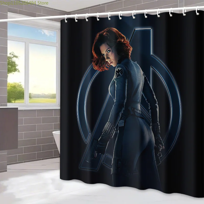 

1pc Marvel Black Widow Shower Curtain with 12 Hooks - Cartoon Design, Polyester, Machine Washable, Ideal for Home and Hotel Ba