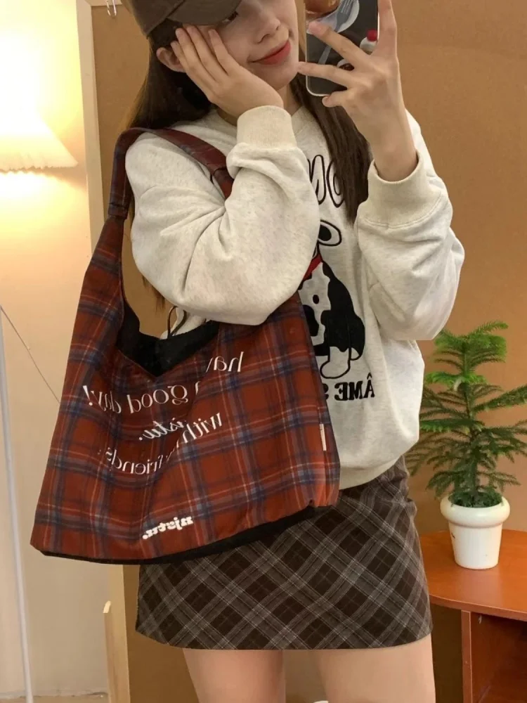 Letters Print Plaid Vintage Handbag Tote Bags Large Capacity Women Commute Shoulder Bag