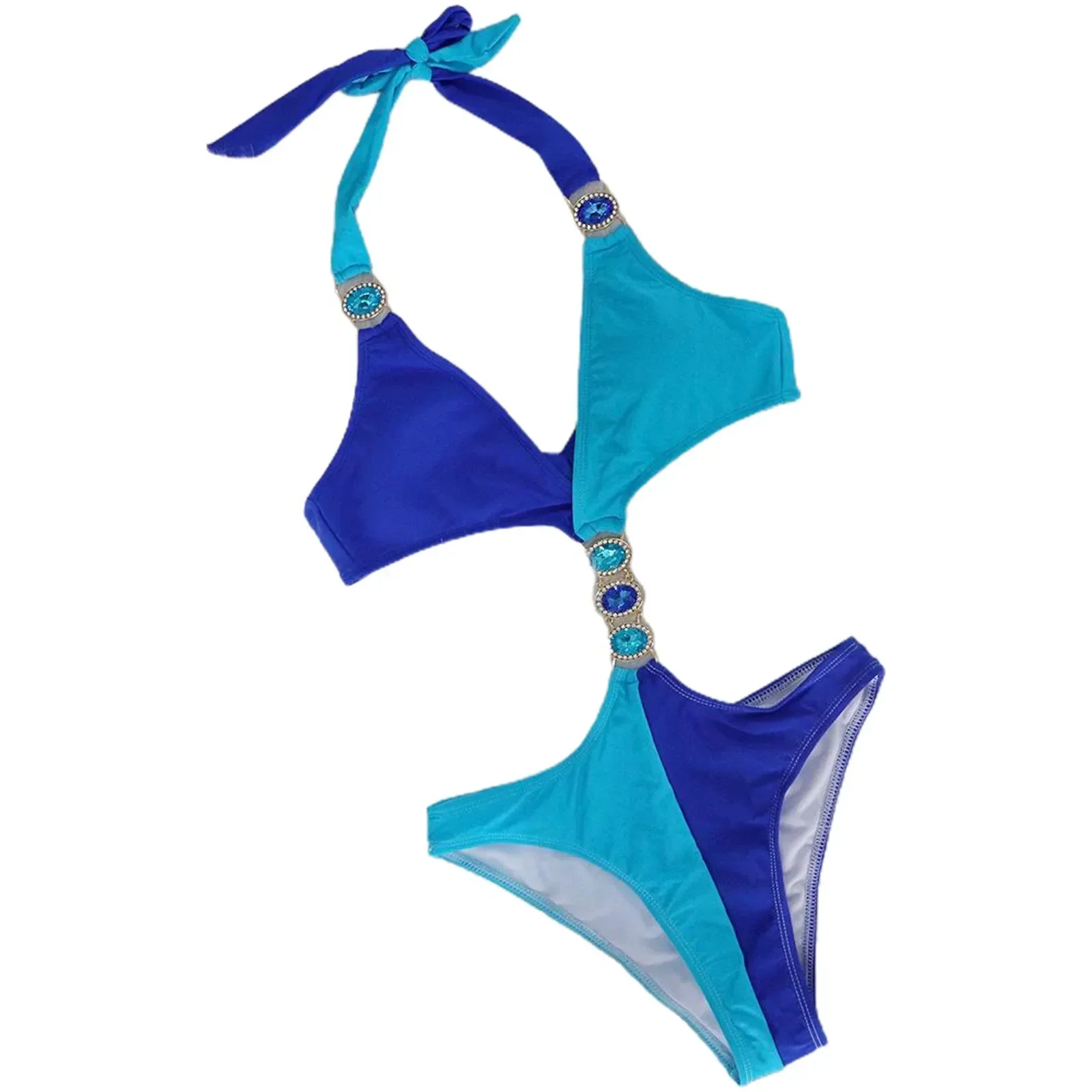 Costume da bagno intero imbottito senza schienale estivo con scollo all'americana in tinta unita con diamanti in cristallo sexy