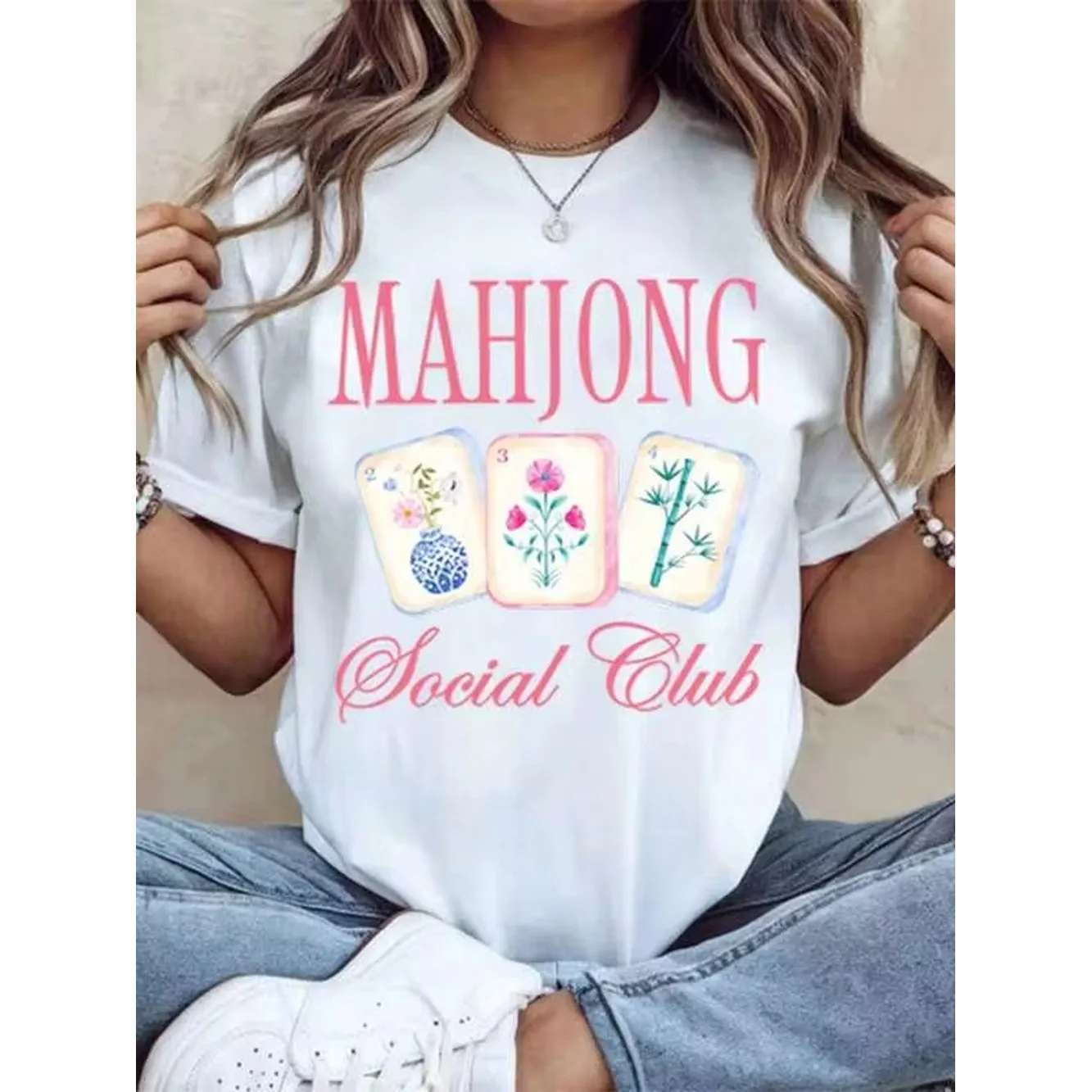 Mahjong Social Club T-Shirt Women Casual Graphic Tee With Floral Mahjong Tiles Design For Game Night Party And Leisure Wear,220g