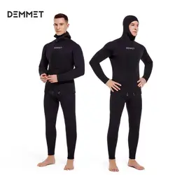 DEMMET 7mm Wetsuit Men's Black Hunting Fish Wetsuit Long Sleeve Hooded Top/Pants Two-piece set Warm and Cold Spearfishing