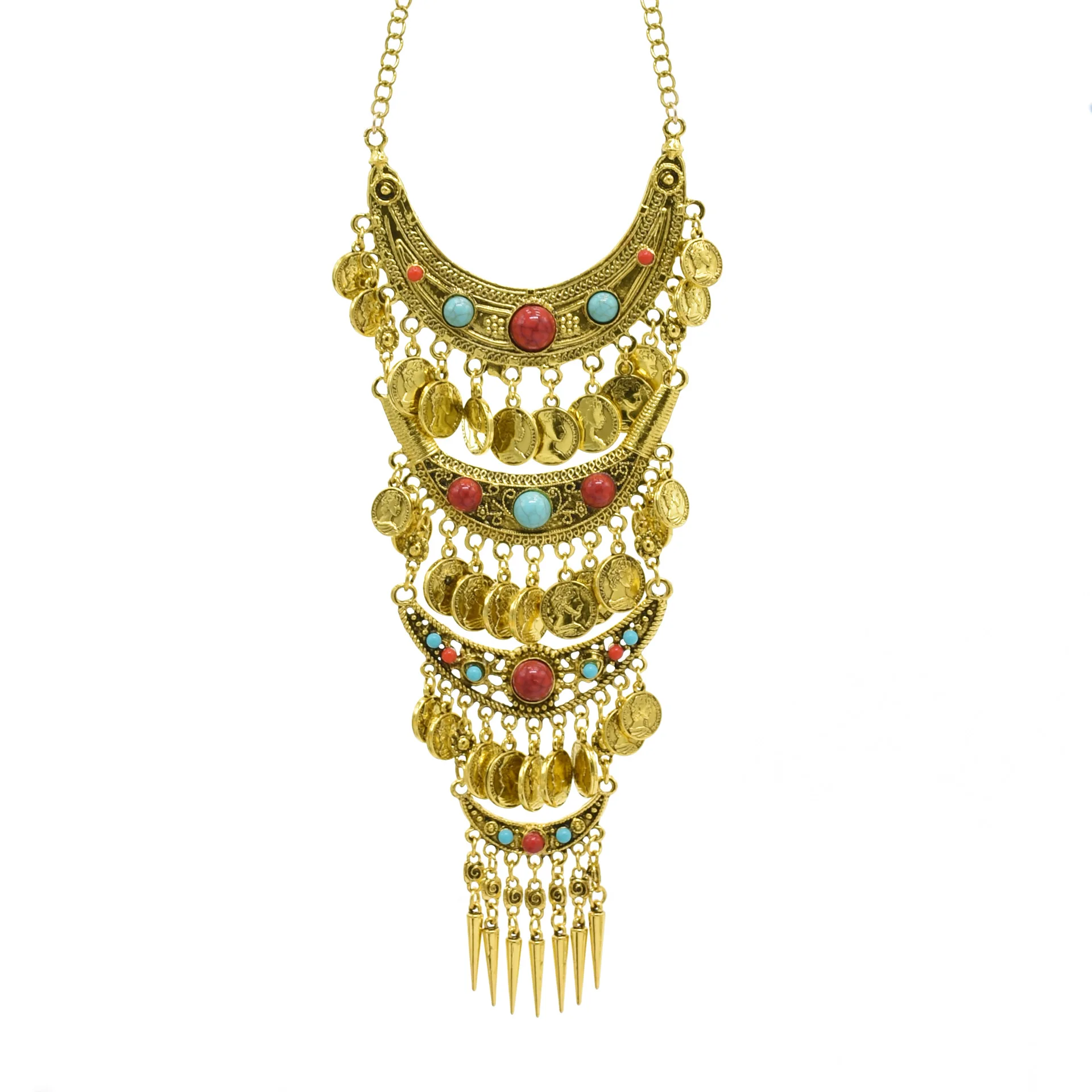 Vintage goldene silbrige Statement-Halskette für Frauen, bunte Strasssteine, lange Ketten, Halsketten, Gypsy, Boho, ethnischer Halsschmuck – Detail 28