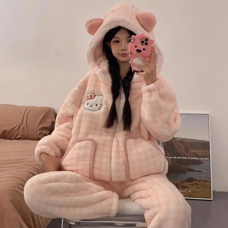 Kitty Cartoon Neue Korallen Samt Pyjamas Roben Winter Samt Verdickt Flanell Mittlere Länge Mit Kapuze Schlafen Kleid Set Hause Kleidung