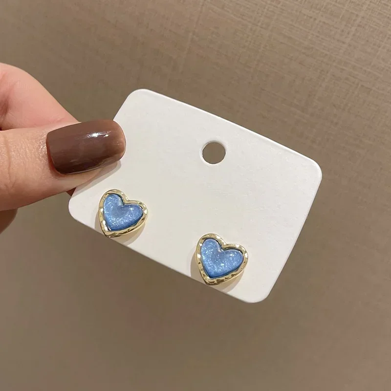 Blue Resin Heart Earrings for Women Girls Korean Small Cute Stud Earrings Wedding Party Fashion Jewelry Wholesale Gift