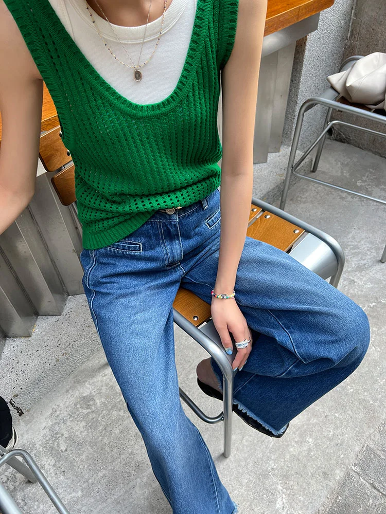 低ネックニット透かし編みベスト レディース 夏 ファッション 多用途 スリム タンクトップ アウター ディープUネック メッシュパネルデザイン