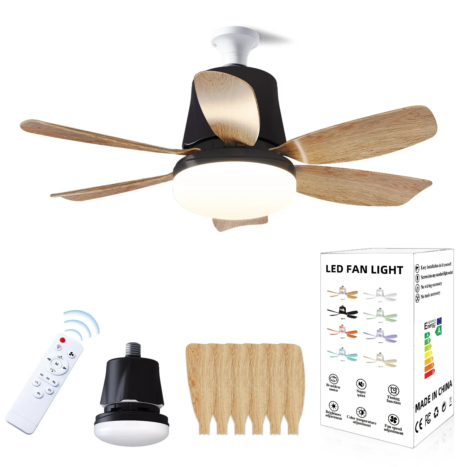 Socket Ceiling Fan with Led Light E27 with Remote, Dimmable, Timing Speed Change for Bedroom Dining Room, Kitchen Home Appliance