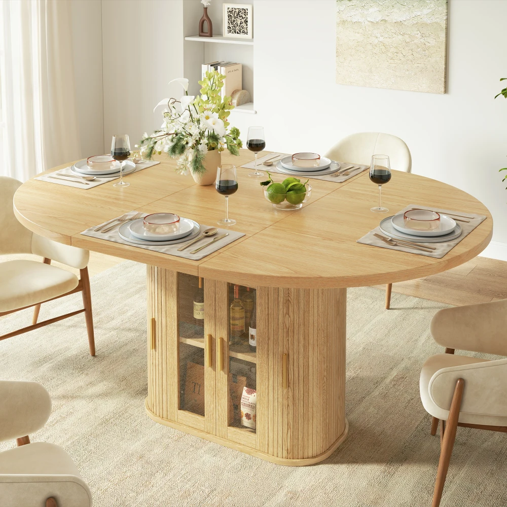 Moderner ausziehbarer runder Esstisch in Holzoptik, verstellbare Größe 120-160×120×75,5 cm, erweiterbarer Tisch mit integriertem Stauraum, Schiebetüren und verstellbaren Regalen, vielseitiges