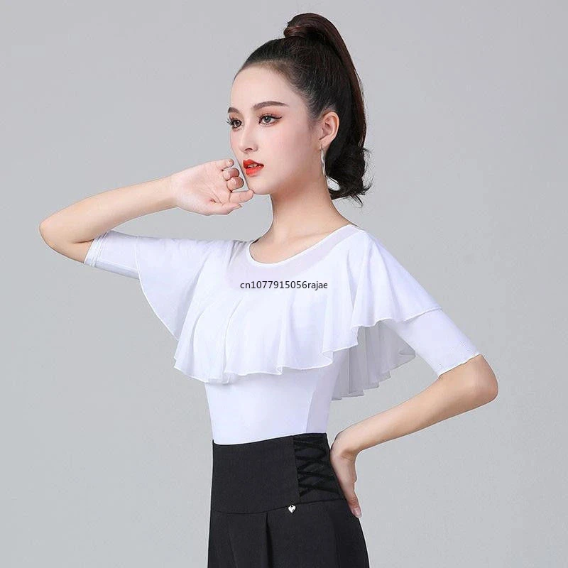 Women Waltz White Top Ruffled Latin Dance Mid-Sleeve Shirt New Modern Dance Practice Clothes Lady Samba Dance Clothing