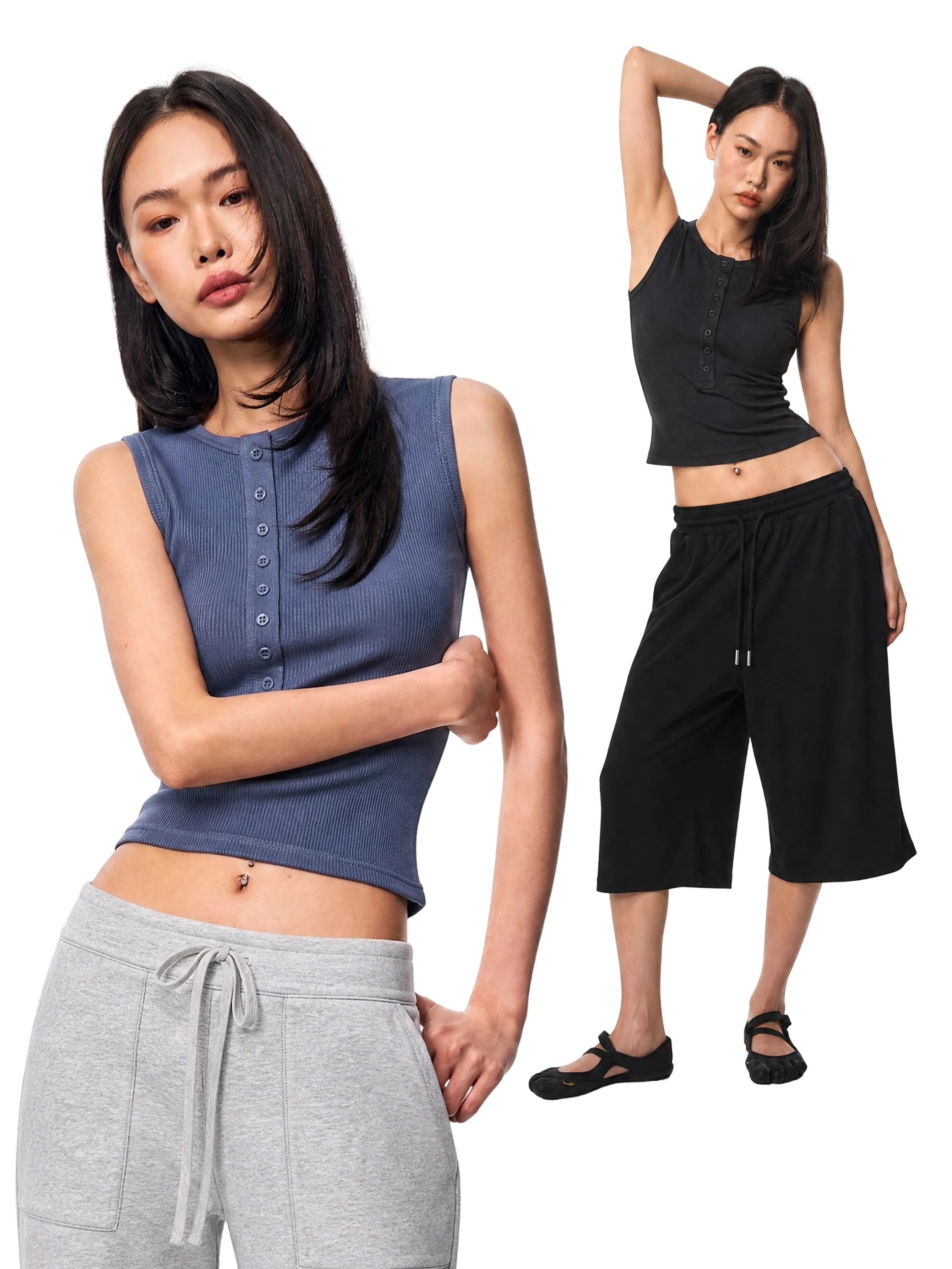 Blue Mid-Row Button Henry Collar Workwear Tank Top Women Summer New Sleeveless Knitted Upper Apparel Slim Fit U-Neck Vest