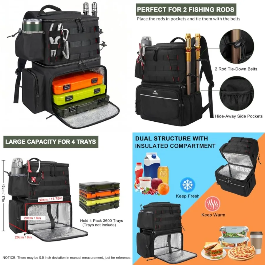 

Fishing Backpack, Water Resistant Tackle Storage Bag with Rod Holders and Cooler, Fishing Gifts for Men