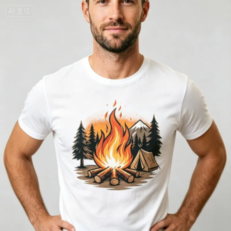 Men Crew Neck T‑Shirt Camping Bonfire Mountain Tent Graphic Print Short Sleeve Tee Outdoor Adventure Casual Streetwear Top
