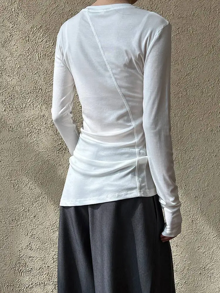 High Quality Perspective Women Gray Thin Slim Irregular T-shirt New Round Neck Long Sleeve Fashion Spring Autumn 2026 IDI5 - view 3