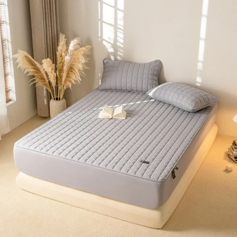 2025 new solid color soybean antibacterial padded cotton waterproof fitted sheet mattress protective cover without pillowcase