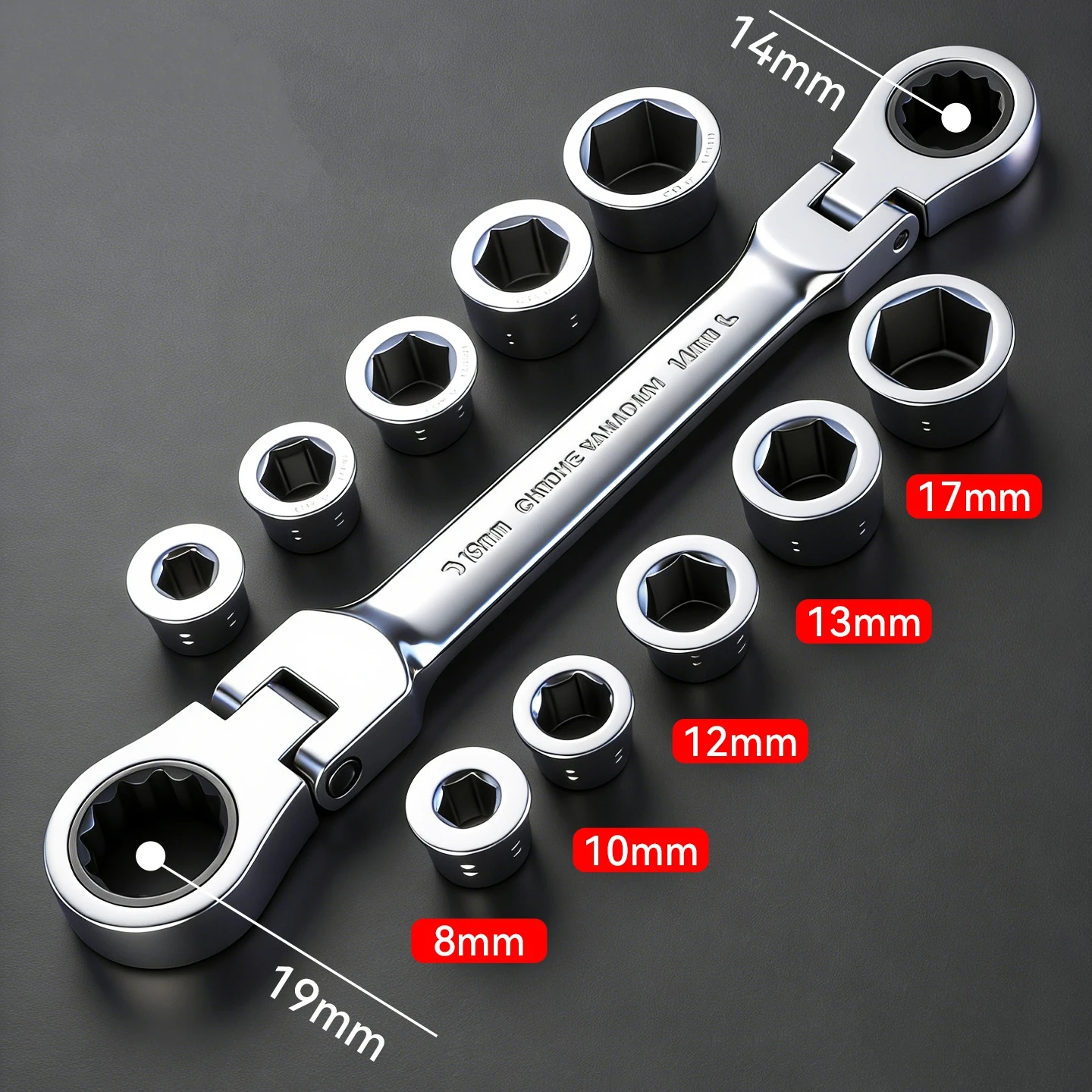 Flex-Head Double Box End Ratcheting Wrench Set, 7-In-1 Metric Wrench Set, 8-17mm, 72 Tooth Gear, CR-V Steel, with Tool Organizer view 2