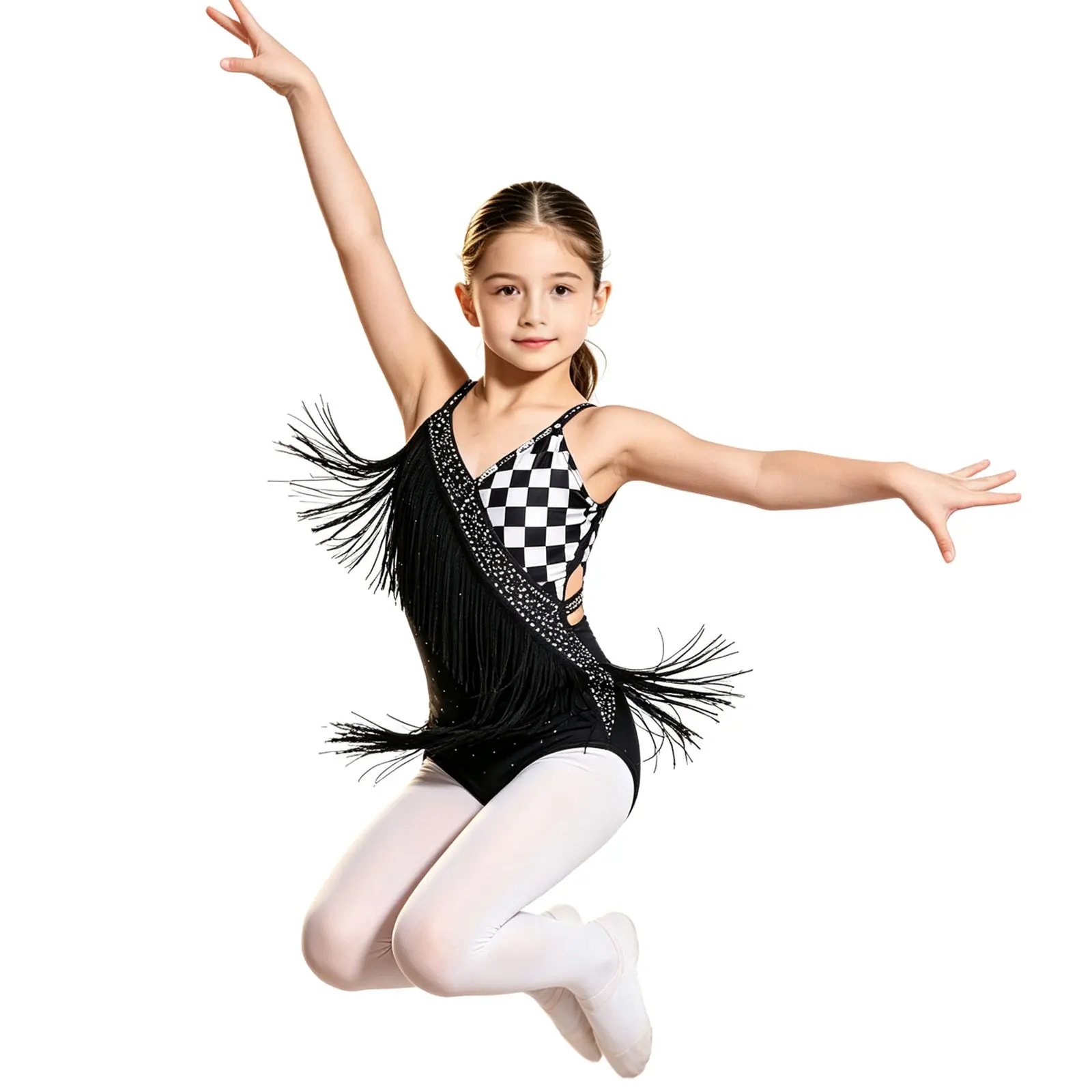 Kids Girls Sleeveless Latin Tango Dance Dress Rhinestones Tassels Fringed Skirted Leotard Ballet Dance Gymnastic Skating Costume