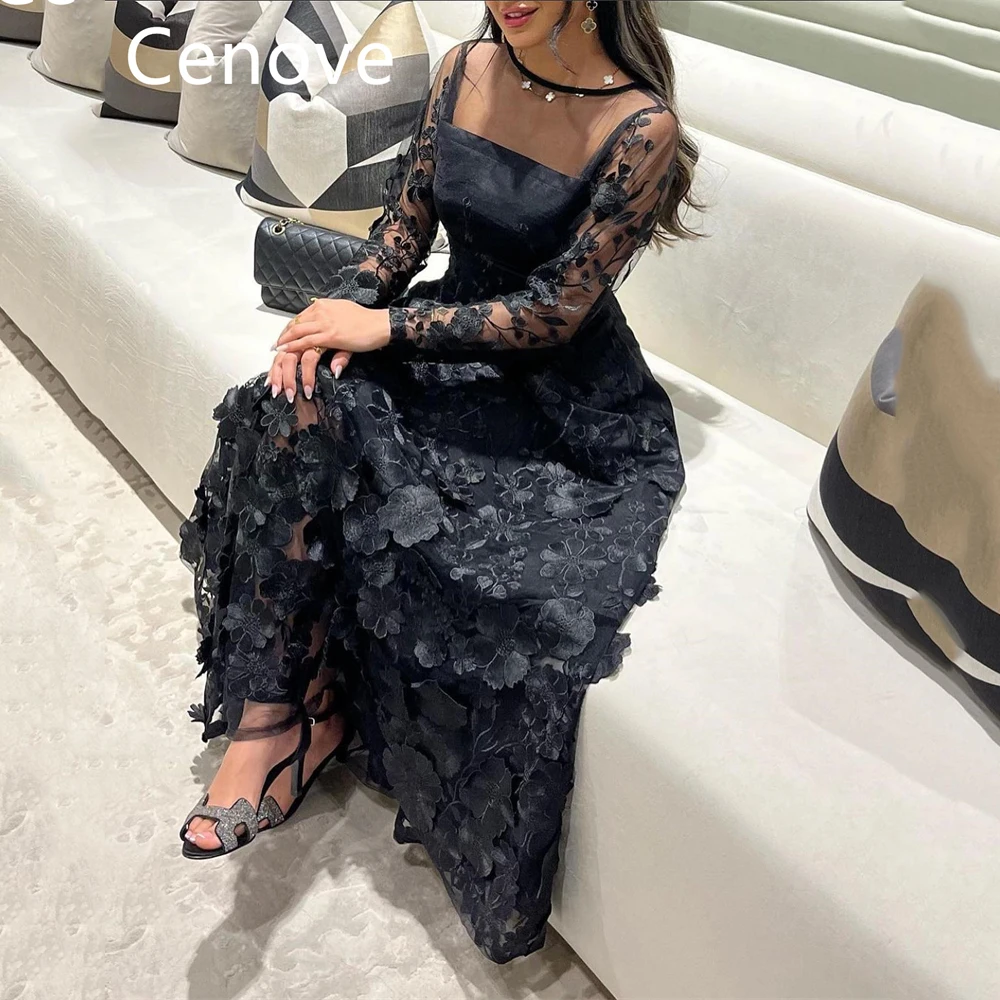 Cenove-vestido de graduación con escote alto para mujer, traje negro de manga larga con bordado de encaje, elegante vestido de noche de verano para fiesta, 2023