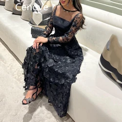 Cenove A-Line Black High Neckline Prom Dress Long Sleeves With Lace Embroidery Evening Summer Elegant Party Dress For Women 2023