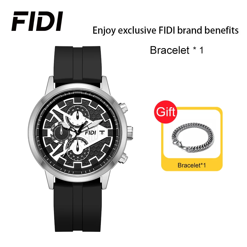 

FIDI высококачественные мужские часы с хронографом, спортивные кварцевые часы, часы с силиконовым ремешком для мужчин и мальчиков, подарки, браслет FD111