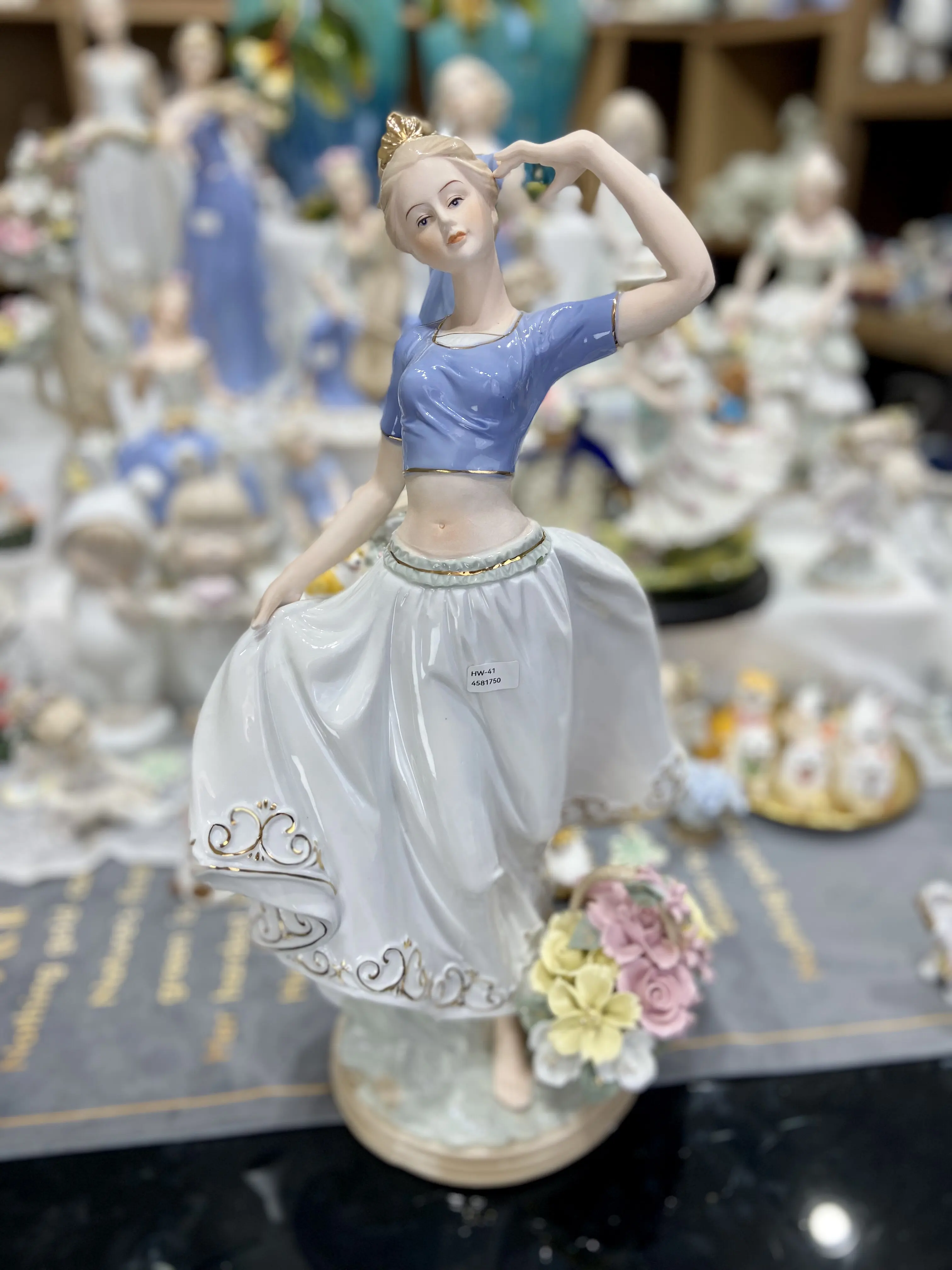 Vintage Spanish Dancing Girl Porcelain Figurine European Victorian Beauty Ceramic Statue With Flower Basket Home Room Decoration view 2