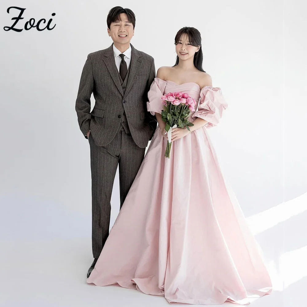 

Zoci Vintage Sweetheart Baby Pink Korea Wedding Dresses Short Puff Sleeve Bride Party Dress Customized Bridal Gown Photos Shoot