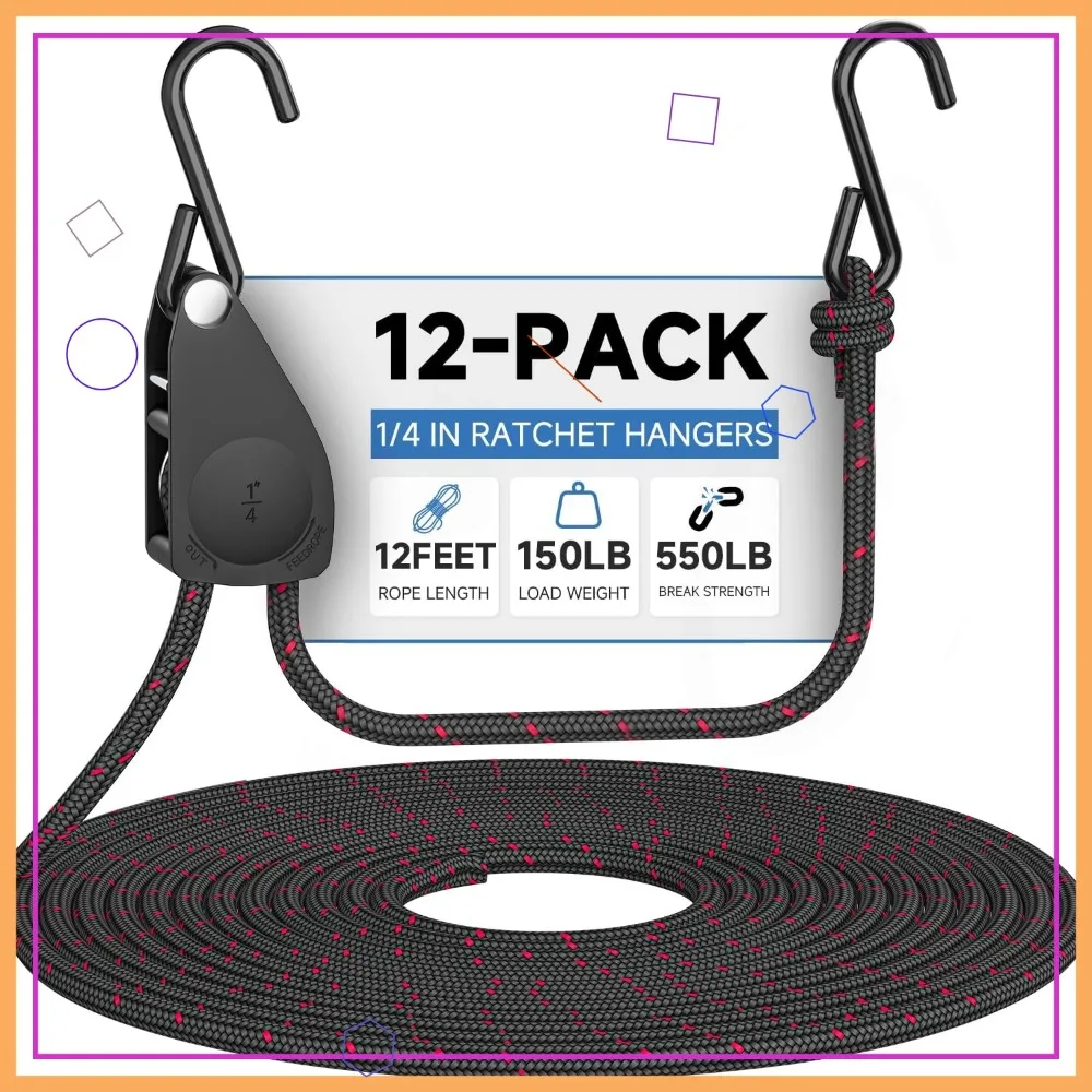 

12 Pack Heavy Duty Ratchet Straps, 1/4" Rope Tie-Downs for Hanging & Strapping