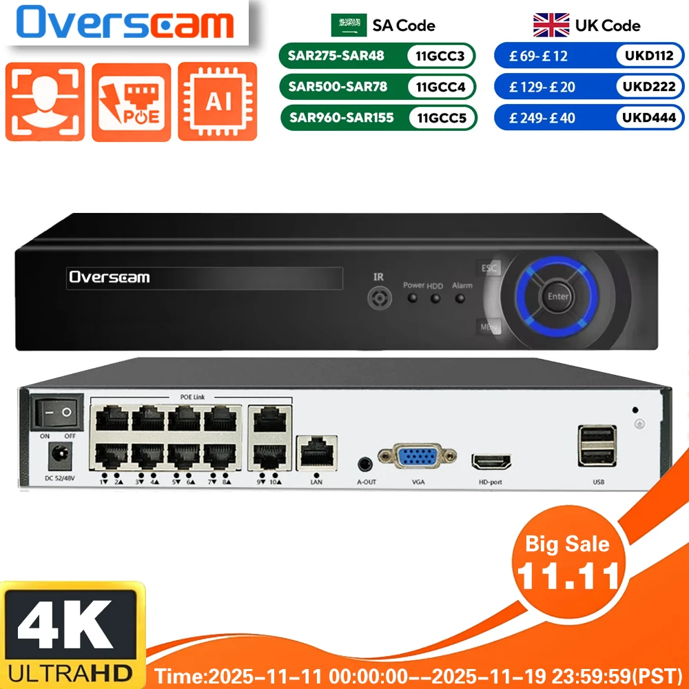 

4K 10CH POE Smart NVR (1080p/3MP/4MP/5MP/6MP/8MP/4K) POE Network Video Recorder Support up to 8/16x 8MP/4K IP Camera 4/8 Channel