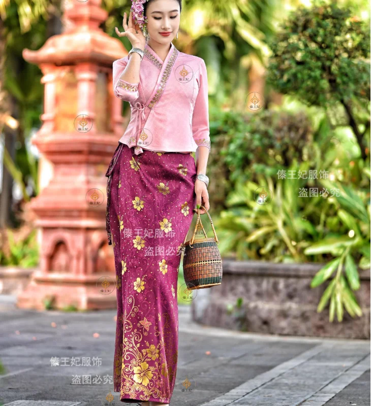 Chinese Dai Ethnic Clothing Women Thai Imported Fabric Micro Elastic Restaurant Hotel Workwear