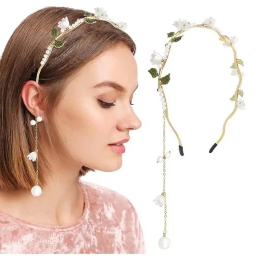 

Flower Headband Pearl Butterfly Headband Crystal Tassel Headband Vintage Headwear Bridal Wedding Hair Accessories for Women Gir