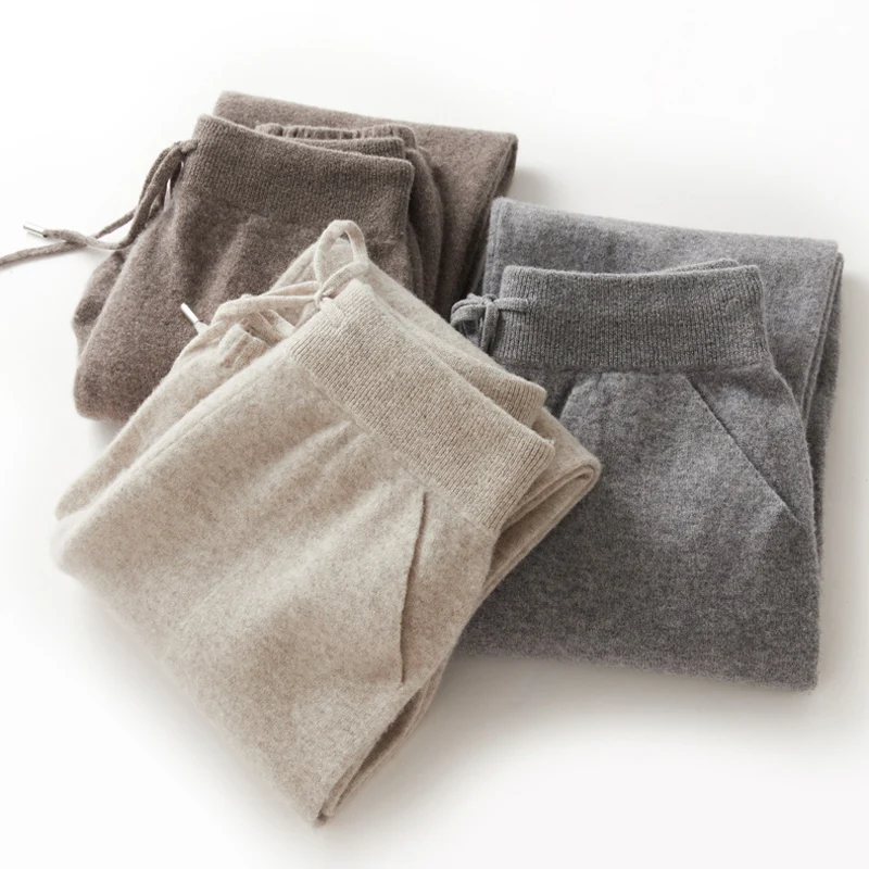 Autumn Winter With Pockets Women Stretch Waist Slim Fit Pants 100% Merino Wool Warm Sporty Casual Trousers Knitwear Female Pants