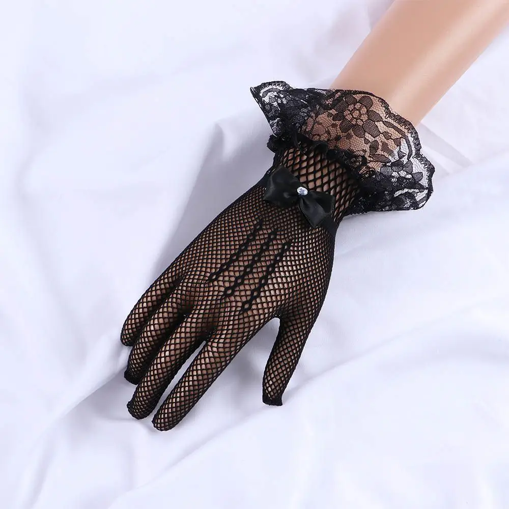 Summer Breathable Anti-UV Fishnet Crystal Flower Wedding Gloves Sun Protection Mittens Lace Women Driving Gloves