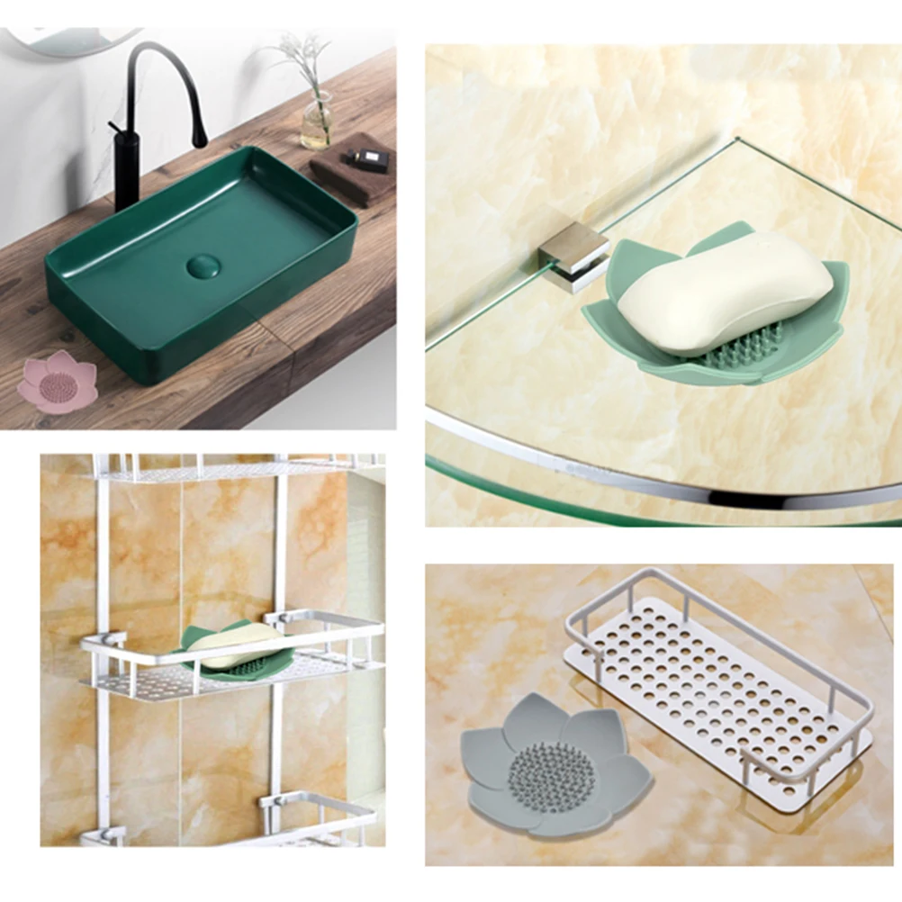 

Petals Shaped Soap Dish Silicone Flower Holder Draining Storage Box Solid Tray for Home Bathroom Kitchen Use Grey