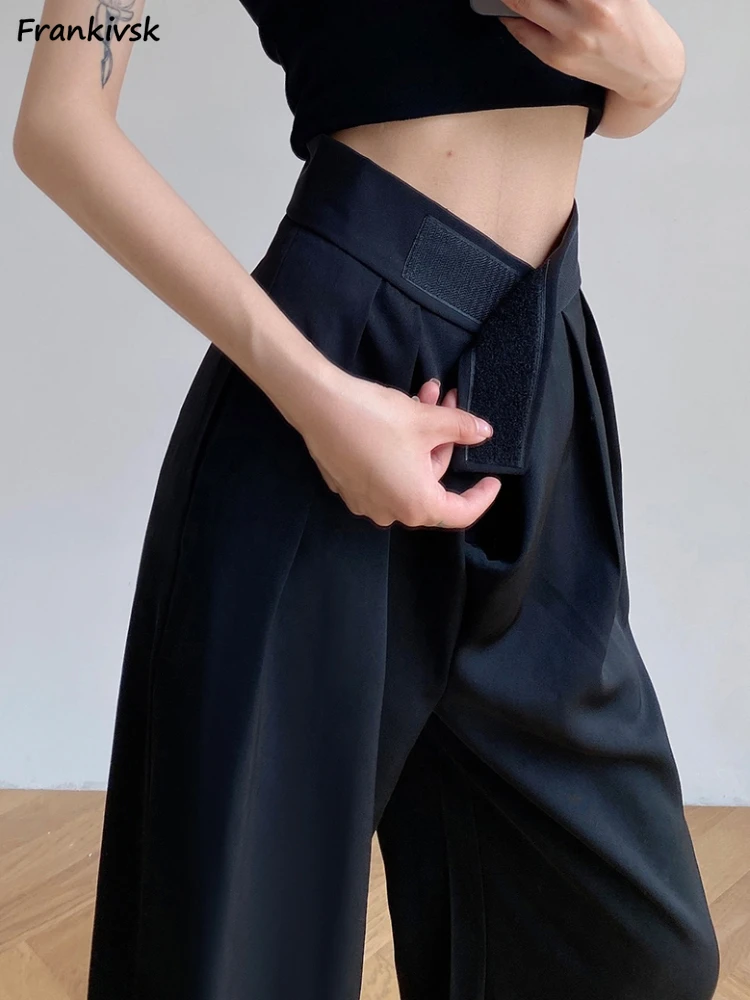

Black Pants Women Folds Solid Streetwear Summer Elegant Korean Style Baggy Full Length High Waist Causal All-match Office Lady