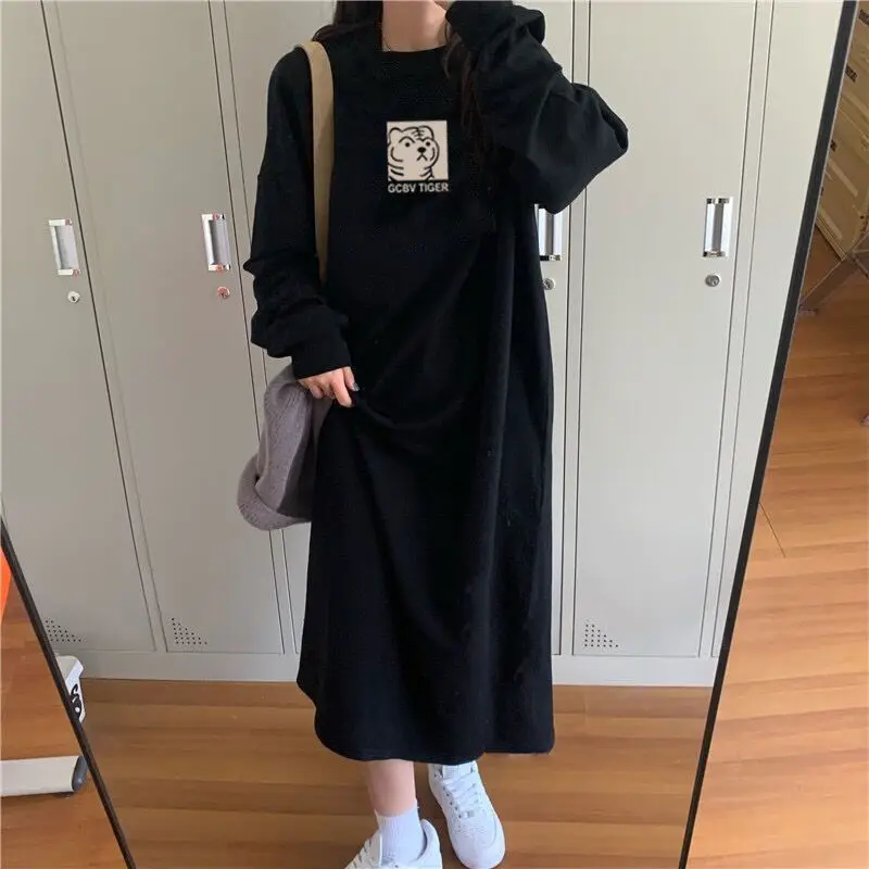 

Fleece Thicken Women Autumn Winter Oversized Long Dress Print Cartoon Fashion Long Sleeve Female Clothing New Casual Dresses