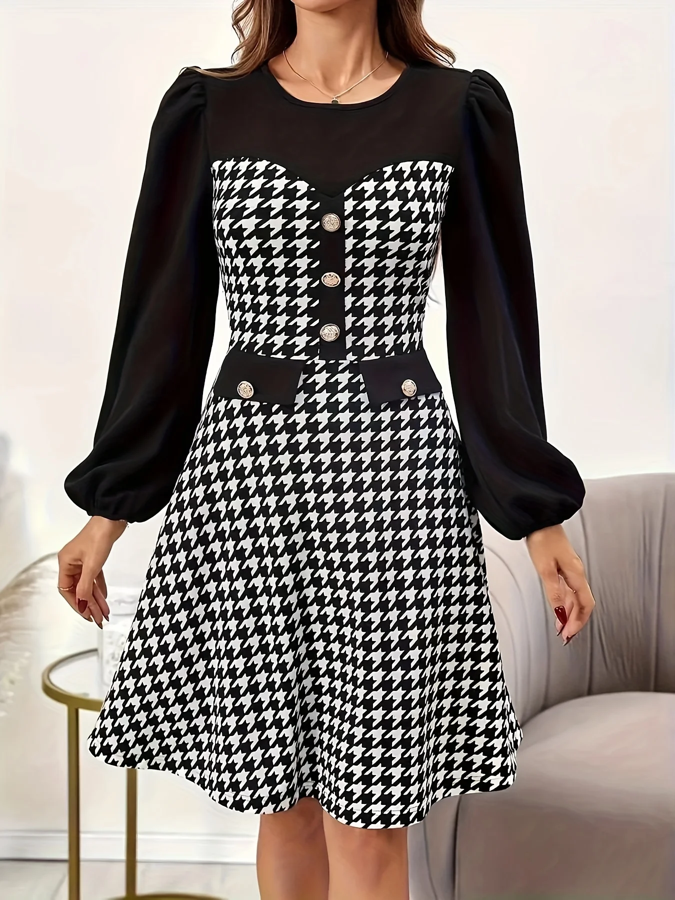 Elegant Autumn Winter Plaid Splicing Button Dress for Women by Zhou Dongzi Stylish Directed Ladies Skirt with Bird Pattern - Image 3