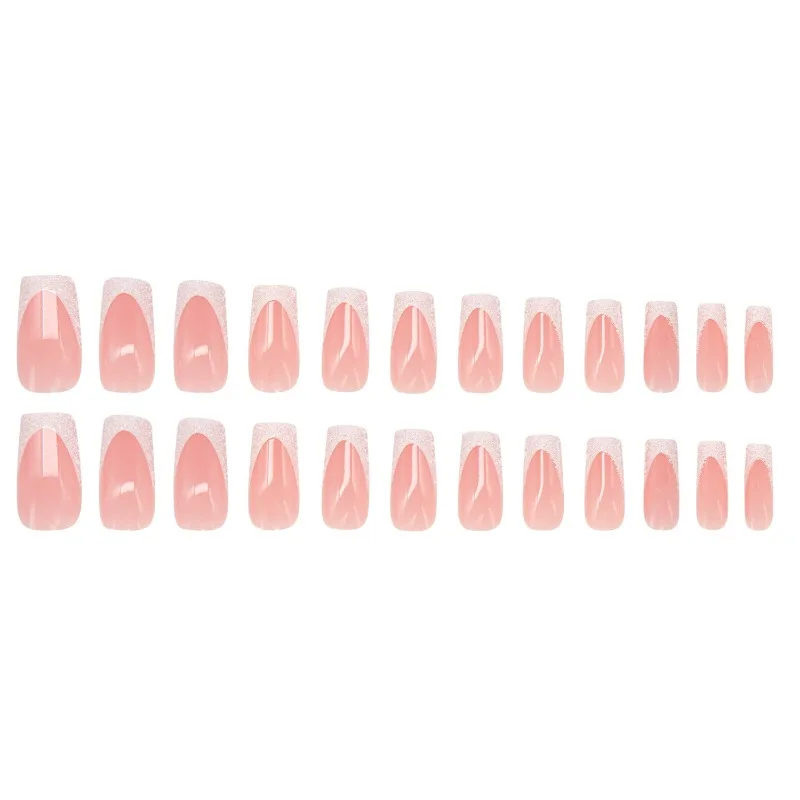 24 pçs de comprimento médio ballet unhas falsas branco francês glitter acrílico imprensa em unhas moda meninas unhas femininas para belas colagem