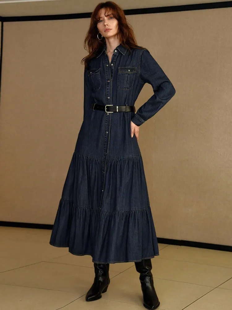 Abiti da festa retrò in denim moda primavera autunno Abito da donna sexy monopetto con risvolto Abito casual a maniche lunghe Boho