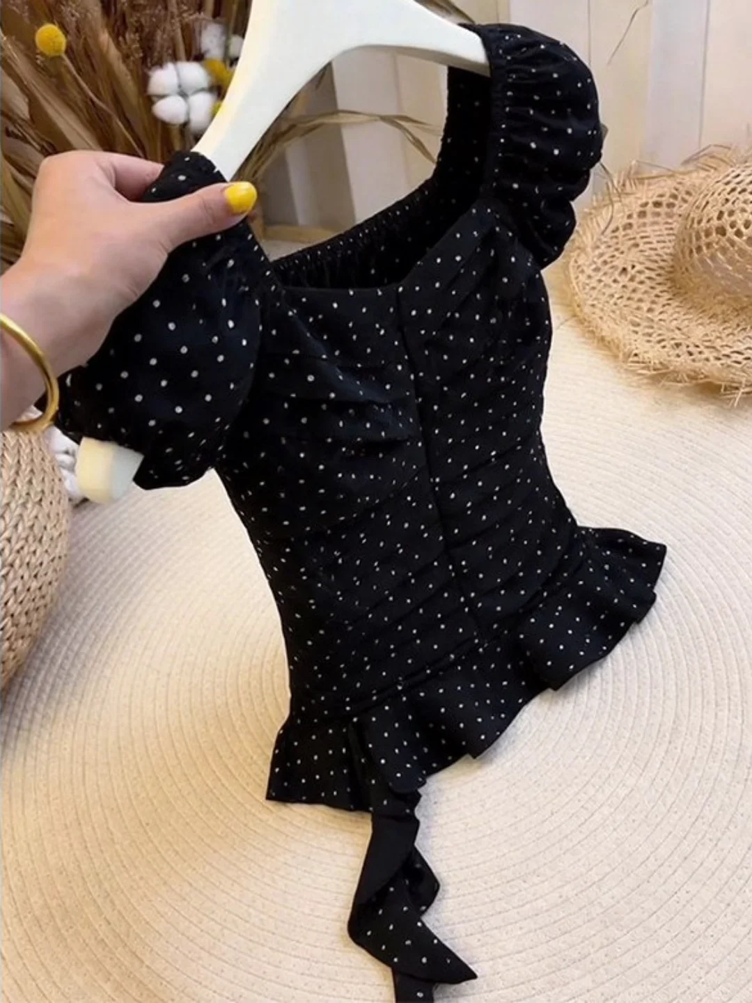 Anti-Aging Polka Dot Short Sleeve Women's T-Shirt Summer 2026 New Style Ruffle Bow Detail Cute Top French Style Standard Fit
