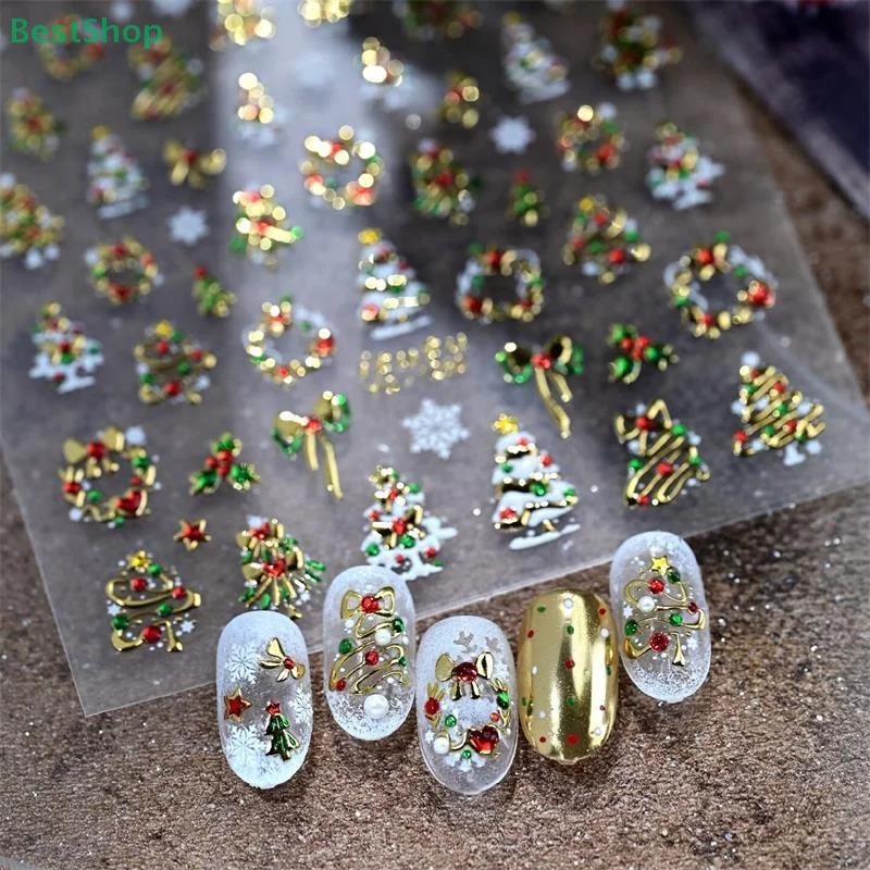 ♥ Autocollant pour Nail Art sur le thème de noël, décalcomanies 3D en Relief pour arbre de noël/couronne/renne, décor de manucure auto-adhésif à faire soi-même