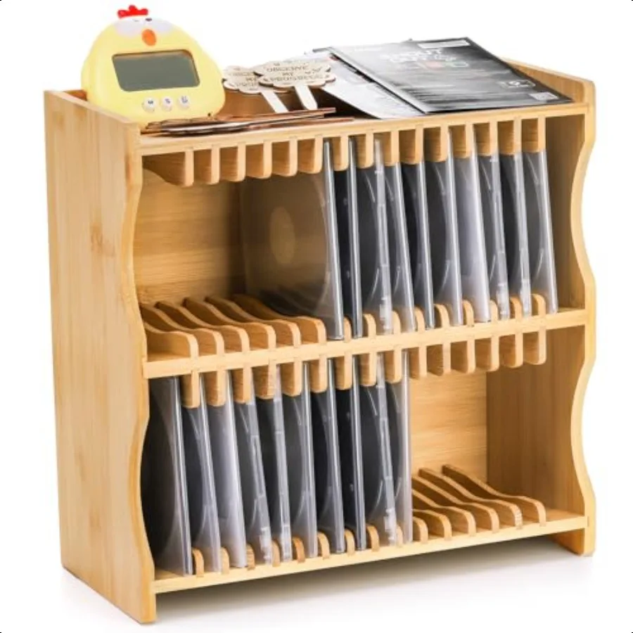 

CD Holder Rack Bamboo CD Rack Organizer with Rubber Feet DVD Display Shelf for Movie Cases DVDs Cassette Tape Holds up to 32 CD