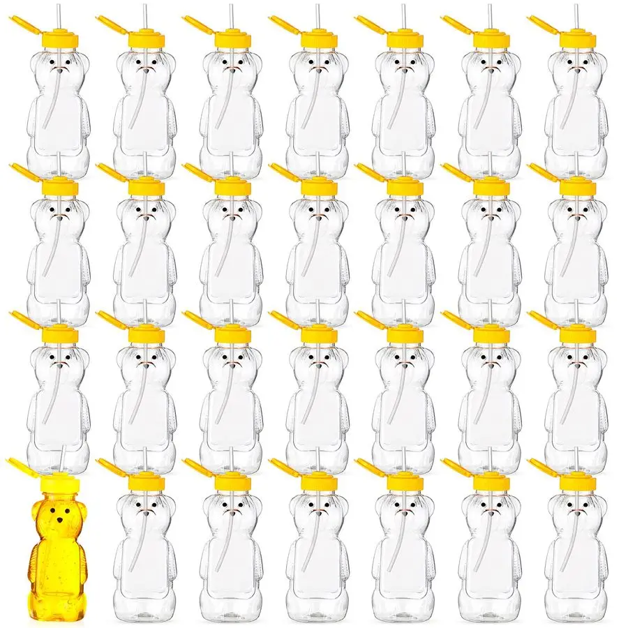 

32 Pack Honey Bear Bottle with Straws Empty Plastic Cup Honey Jar Containers Bear Shaped Squeeze Bottle Storing and Dispensing Y