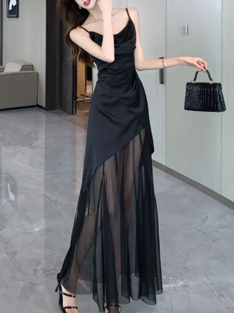 ลื่นสีดําพรหมแขนกุดตาข่ายยาวพรรคMaxi D Ressสําหรับผู้หญิงS Undressเย็นชิ้นเดียวสบายๆเยาวชนโค้งร้อนชุดผู้หญิง