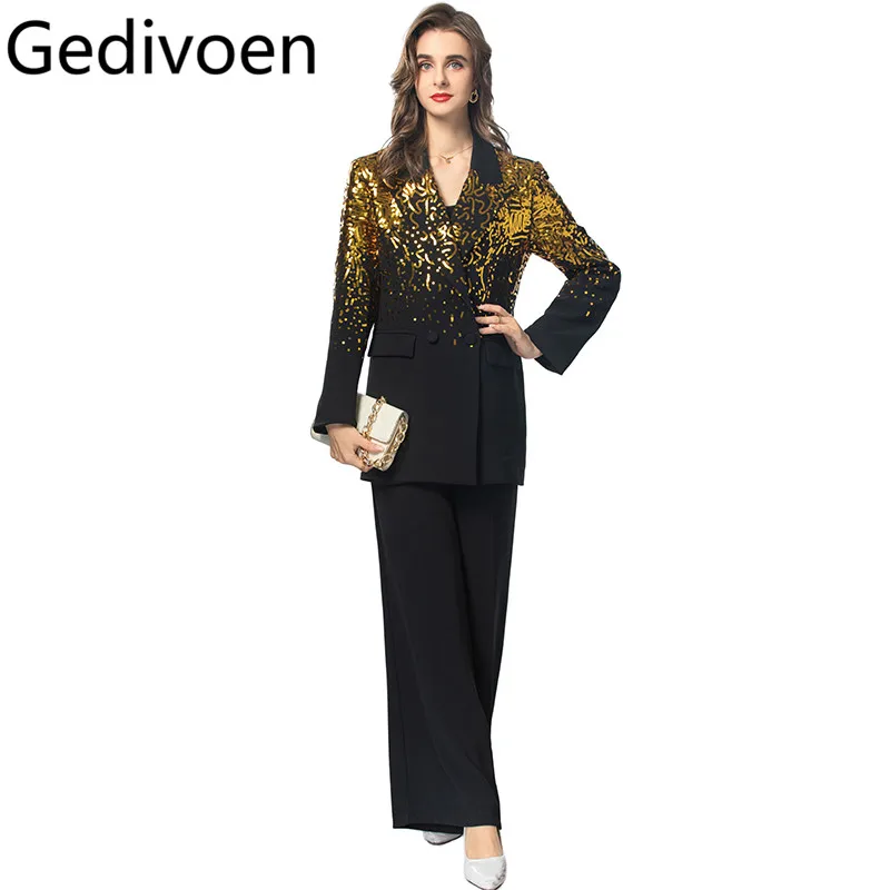 

Gedivoen Autumn/Winter luxury Suit Women's Notched Sequins Double-Breasted Tops+Black Wide leg pants Elegant 2 piece set