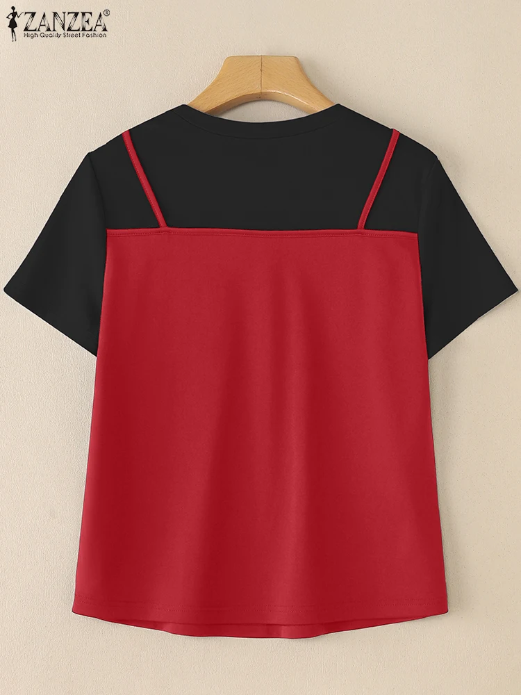 ZANZEA Estate Elegante Manica Corta Patchwork Top Donna Falso Camicette in Due Pezzi Camicia da Lavoro Casual Vacanza Femminile Blusas Oversize