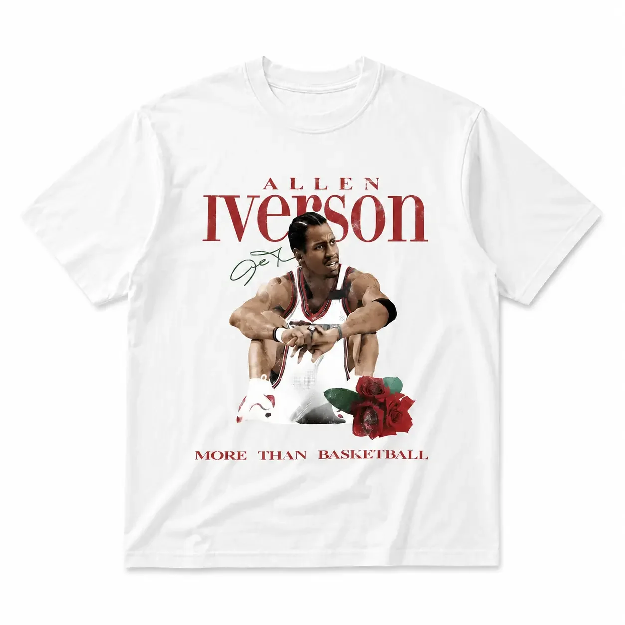 90s Retro Nostalgic Basketball Star Portrait Tee, Vintage Athlete & Red Rose Motivational Print, Oversized Cotton Sports Fan Casual Street T-Shirt
