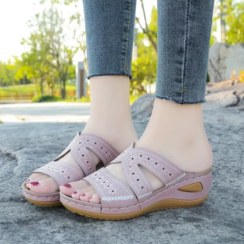 2024 New Summer Women Wedge Sandals Premium Orthopedic Open Toe Sandals Vintage Leather Casual Female Platform Retro Shoes