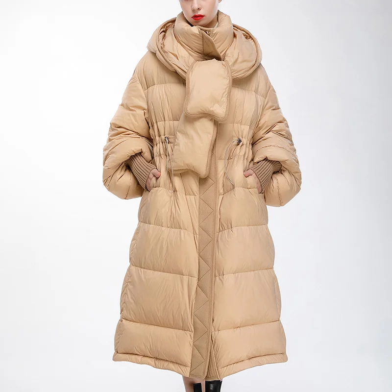 Luxury Women Down Coat Detachable Hooded Scarf Goose Down Filling Windproof Warm Winter Jakcets Drawstring Waist Puffer Parkas