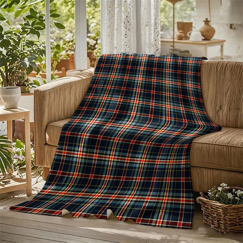 Tartan Plaid Navy Red Flannel Blanket Perfect for Sofa Office Bed Travel Sleep Read Relax Camping Four Season Use