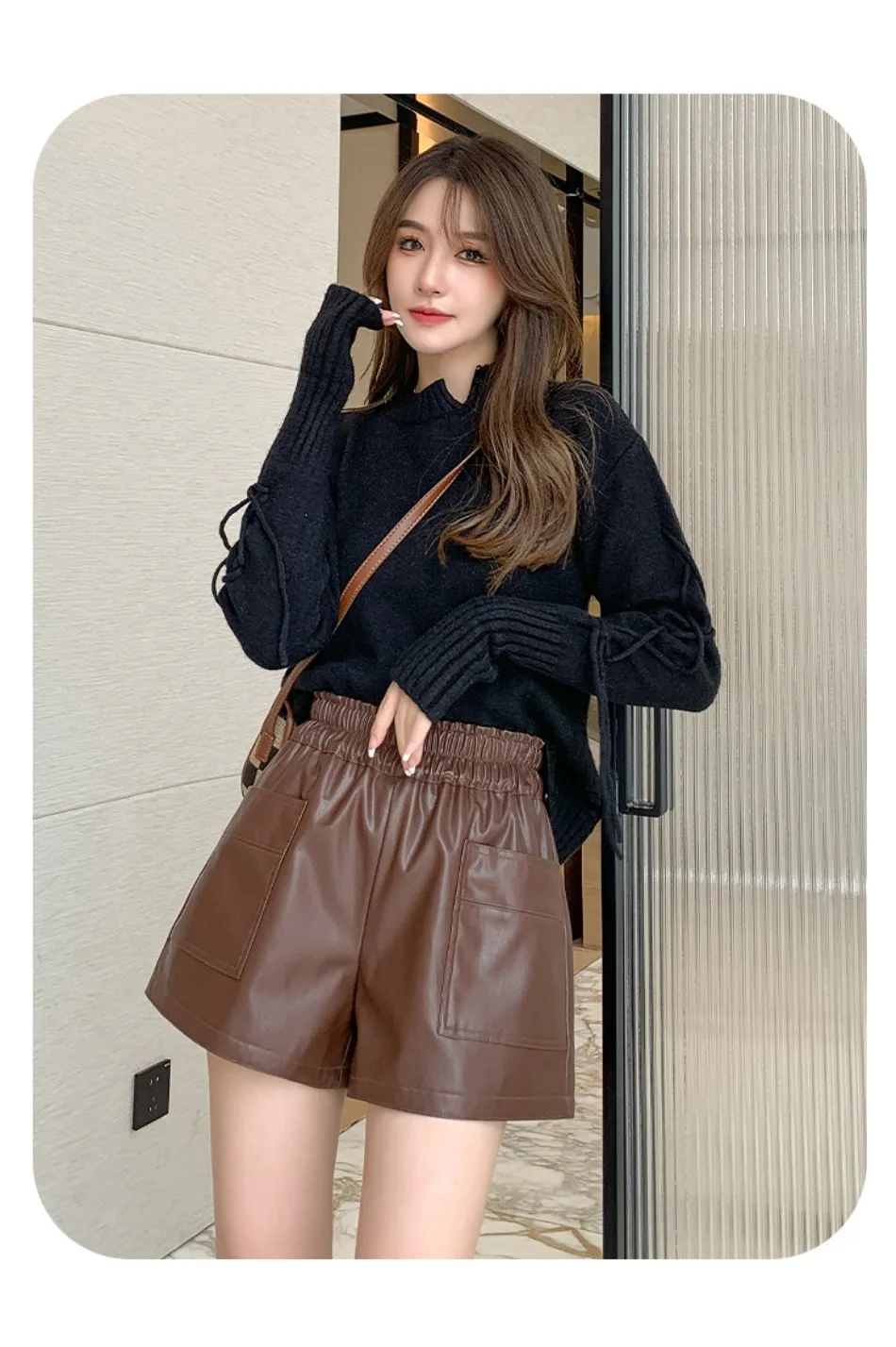 Herbst-Winter Koreanische Lose High-Street Schwarze Sexy Damen-Shorts mit Hoher Taille, Schnürung und Weitem Bein aus Leder – Detail 9